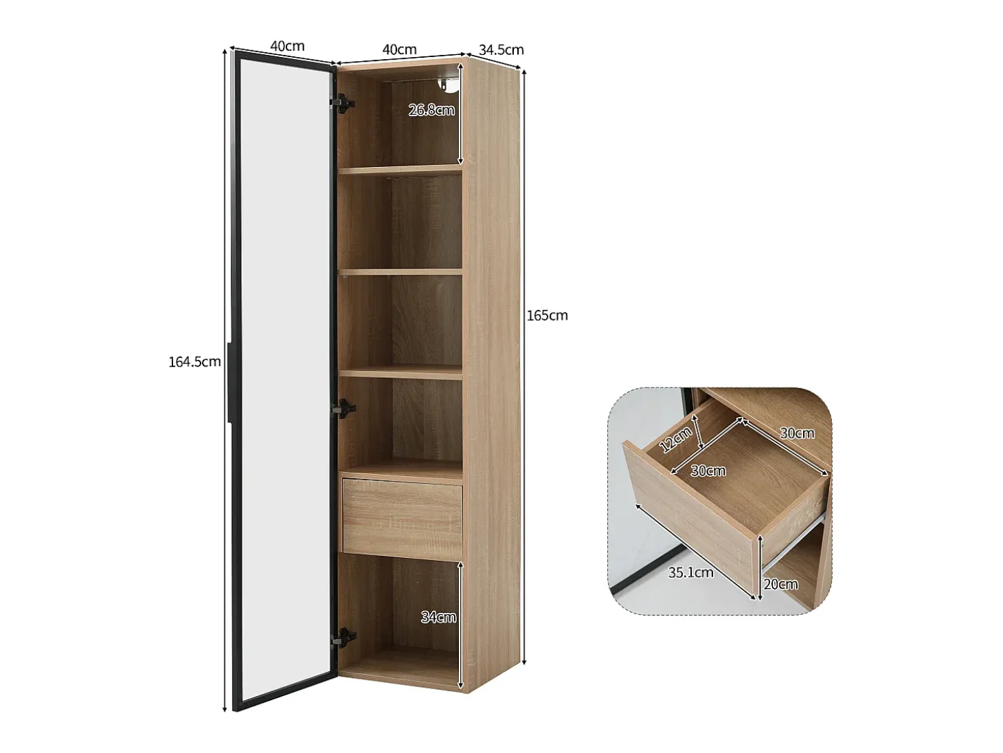 Vitrina con tira LED, puerta de cristal y cajón - Luz natural