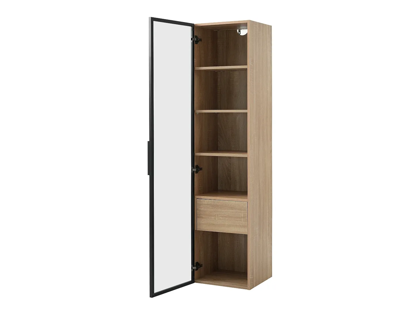 Vitrina con tira LED, puerta de cristal y cajón - Luz natural