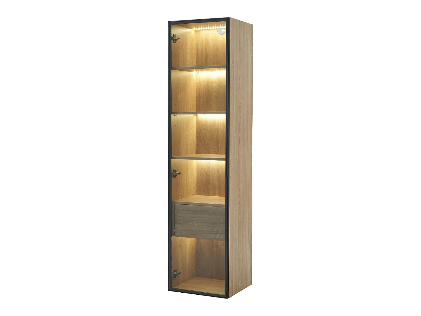 Vitrina con tira LED, puerta de cristal y cajón - Luz natural