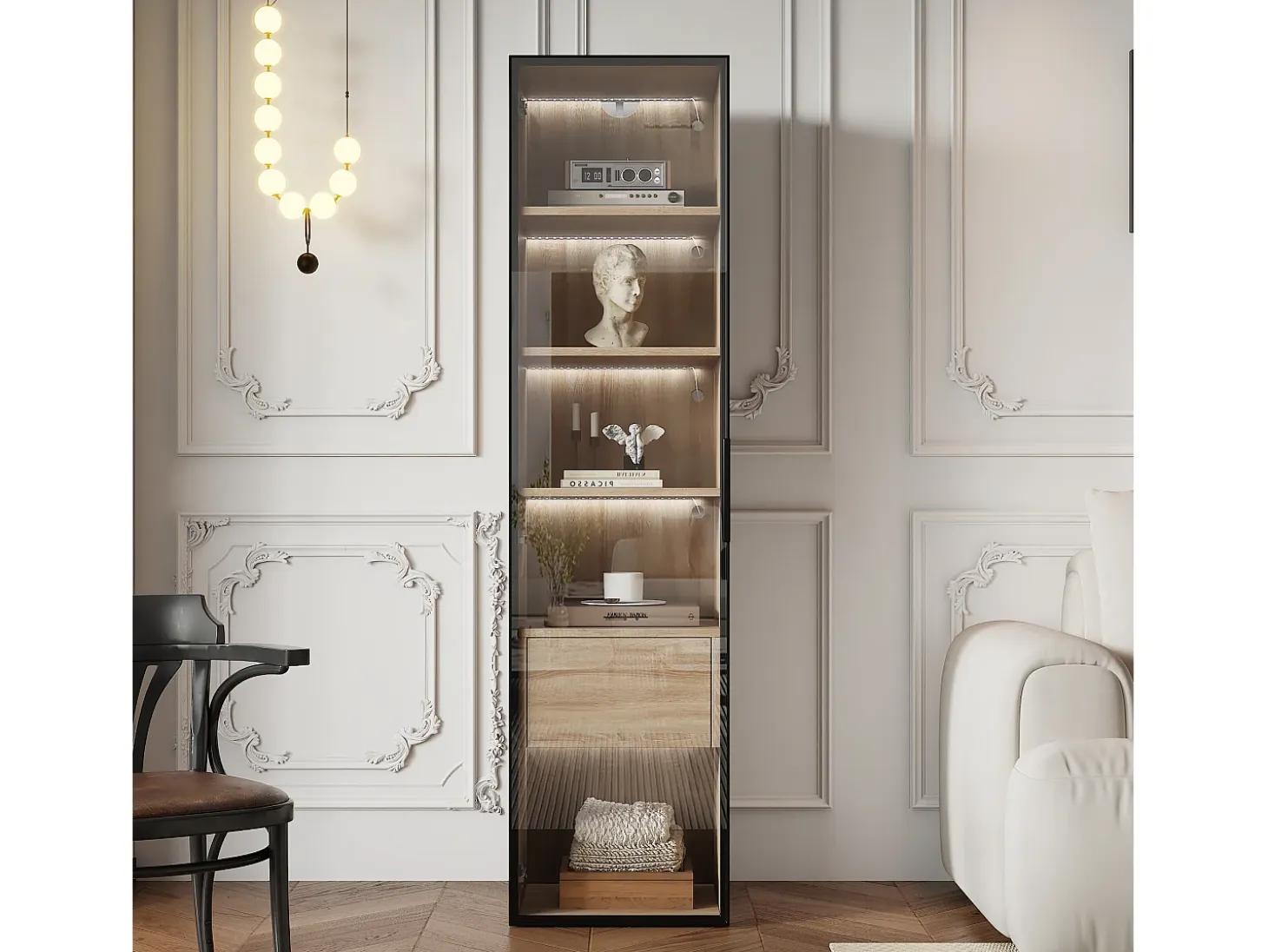 Vitrina con tira LED, puerta de cristal y cajón - Luz natural