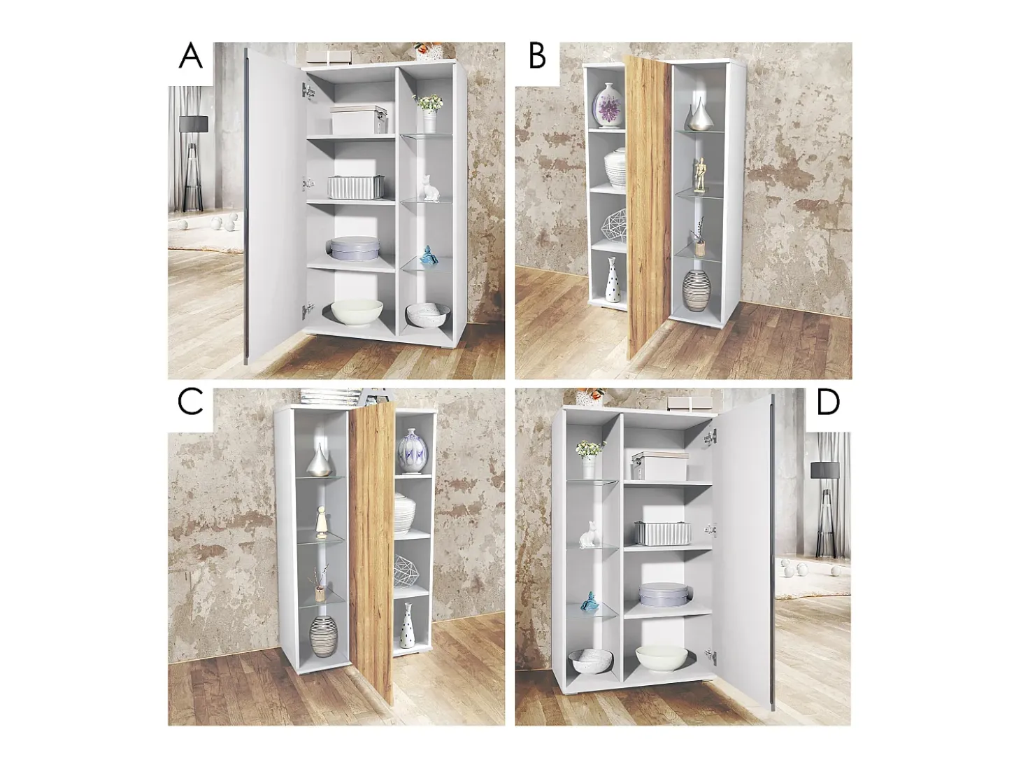 Vitrina Davos, vitrina independiente con 3 estantes de cristal y 8 compartimentos incl. LED, blanco mate/hormigón oxidado (71,5 x 134 x 35 cm)