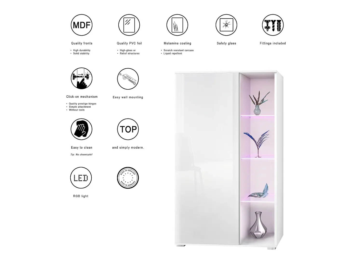 Vitrina Davos, vitrina independiente con 3 estantes de cristal y 8 compartimentos incl. LED, blanco mate/hormigón oxidado (71,5 x 134 x 35 cm)