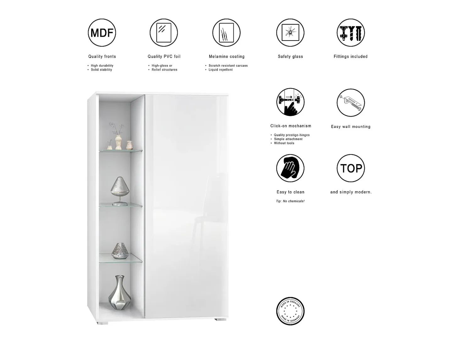 Vitrina Davos, vitrina independiente con 3 estantes de cristal y 8 compartimentos, blanco mate/blanco de alto brillo (71,5 x 134 x 35 cm)