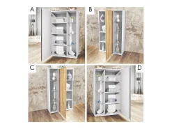 Vitrina Davos, vitrina independiente con 3 estantes de cristal y 8 compartimentos, blanco mate/blanco de alto brillo (71,5 x 134 x 35 cm)