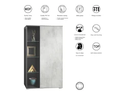Vitrina Davos, vitrina independiente con 3 estantes de cristal y 8 compartimentos, antracita mate/hormigón oxidado (71,5 x 134 x 35 cm)