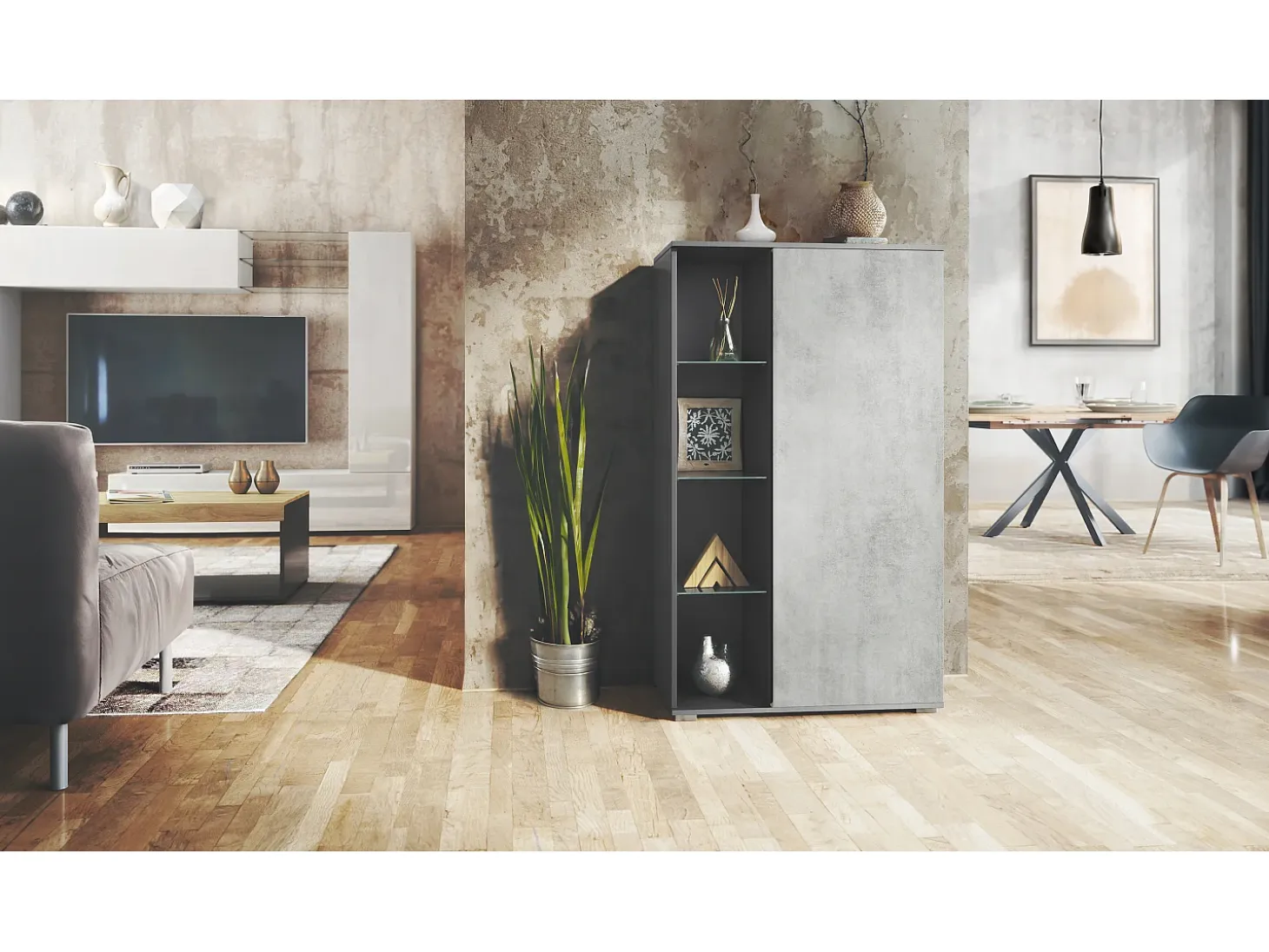 Vitrina Davos, vitrina independiente con 3 estantes de cristal y 8 compartimentos, antracita mate/hormigón oxidado (71,5 x 134 x 35 cm)