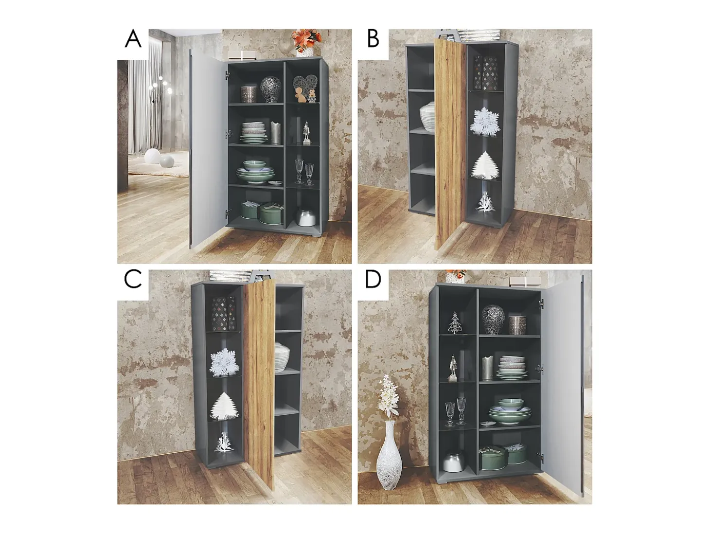 Vitrina Davos, vitrina independiente con 3 estantes de cristal y 8 compartimentos, antracita mate/hormigón oxidado (71,5 x 134 x 35 cm)