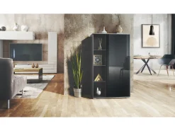 Vitrina Davos, vitrina independiente con 3 estantes de cristal y 8 compartimentos, antracita mate/negro de alto brillo (71,5 x 134 x 35 cm)