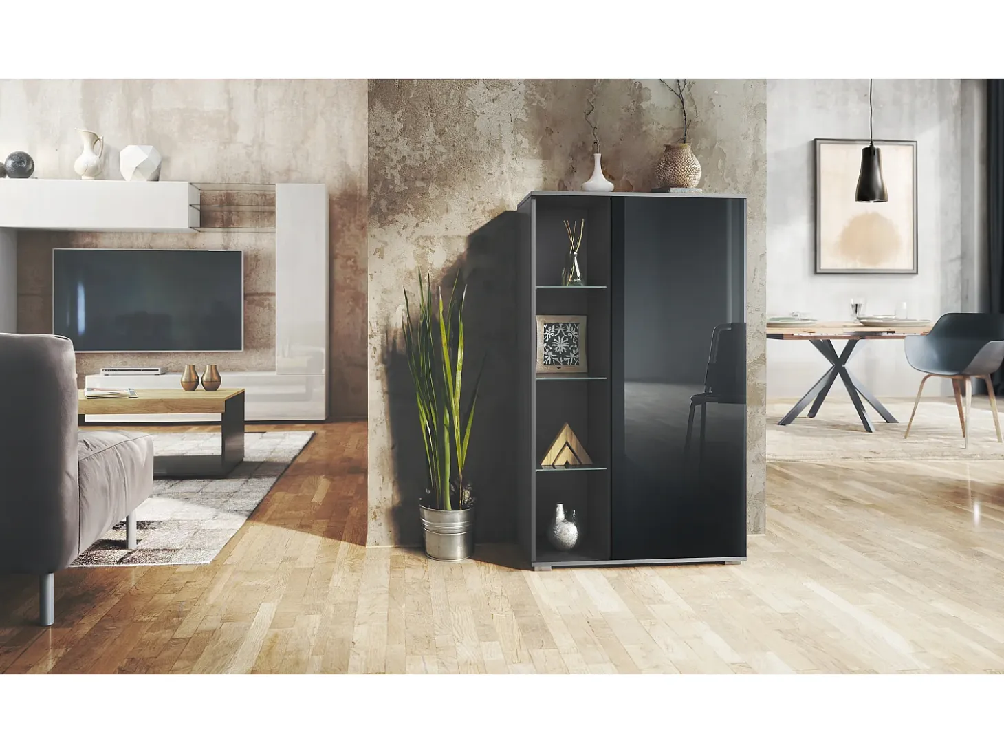 Vitrina Davos, vitrina independiente con 3 estantes de cristal y 8 compartimentos, antracita mate/negro de alto brillo (71,5 x 134 x 35 cm)