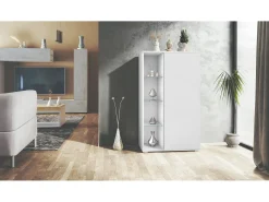 Vitrina Davos, vitrina independiente con 3 estantes de cristal y 8 compartimentos, blanco mate/blanco mate (71,5 x 134 x 35 cm)