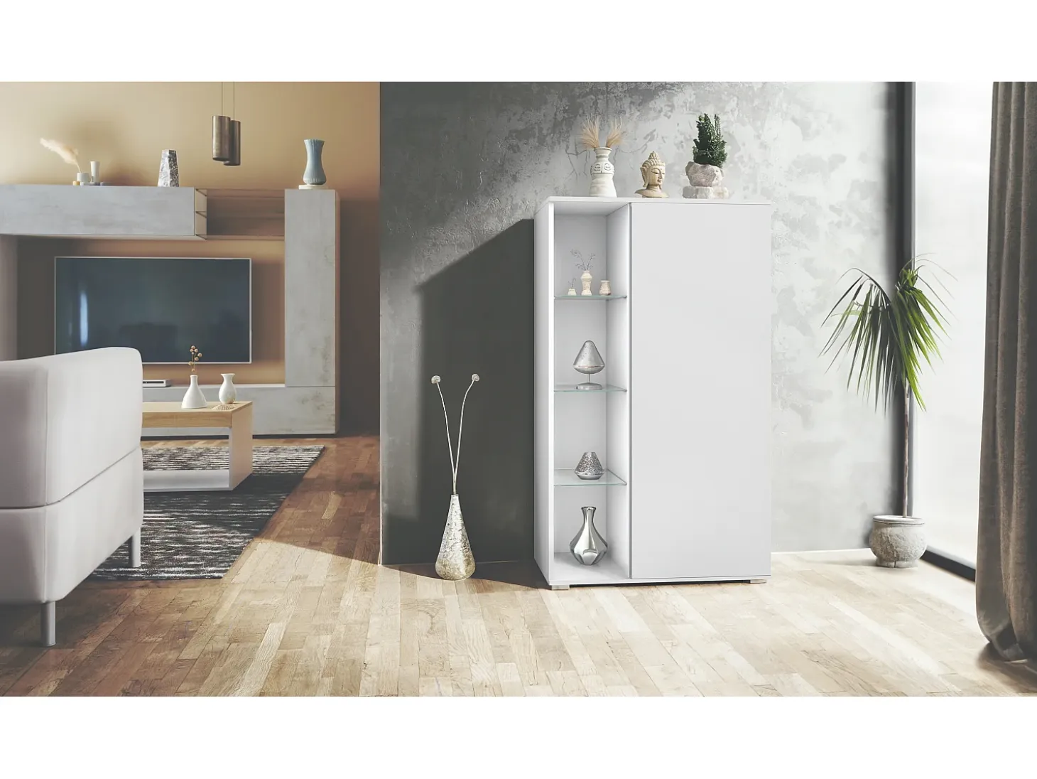 Vitrina Davos, vitrina independiente con 3 estantes de cristal y 8 compartimentos, blanco mate/blanco mate (71,5 x 134 x 35 cm)