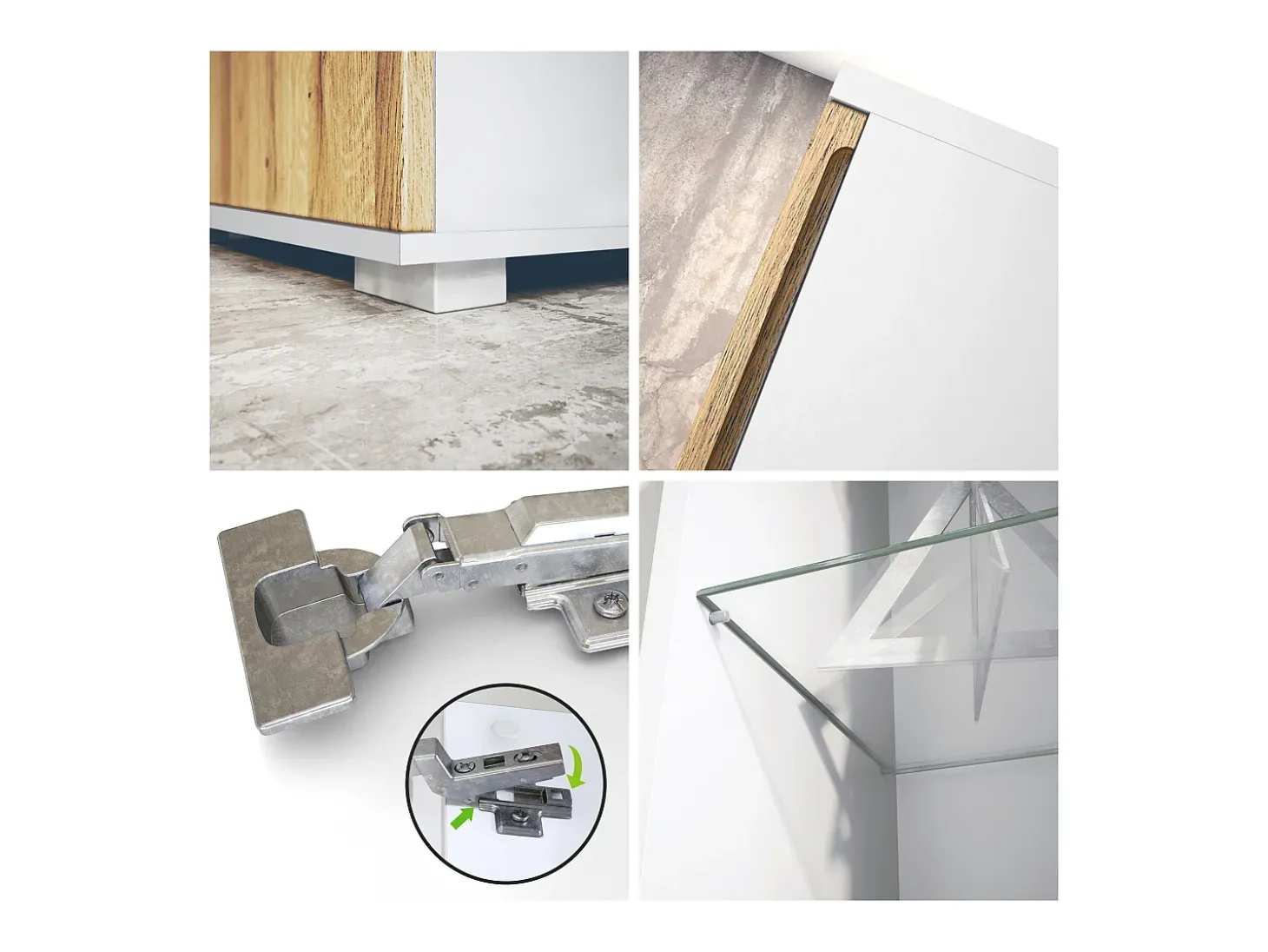 Vitrina Davos, vitrina independiente con 3 estantes de cristal y 8 compartimentos, blanco mate/blanco mate (71,5 x 134 x 35 cm)