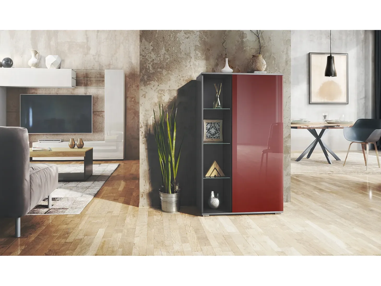 Vitrina Davos, vitrina independiente con 3 estantes de cristal y 8 compartimentos, antracita mate/burdeos de alto brillo (71,5 x 134 x 35 cm)