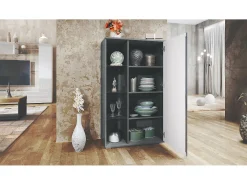 Vitrina Davos, vitrina independiente con 3 estantes de cristal y 8 compartimentos, antracita mate/burdeos de alto brillo (71,5 x 134 x 35 cm)