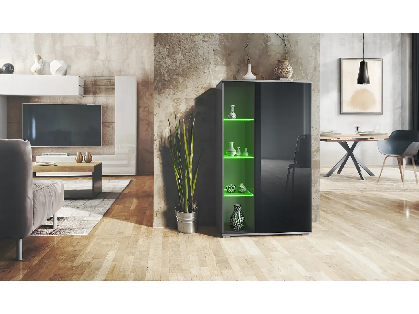 Vitrina Davos, vitrina independiente con 3 estantes de cristal y 8 compartimentos incl. LED, antracita mate/negro de alto brillo (71,5 x 134 x 35 cm)