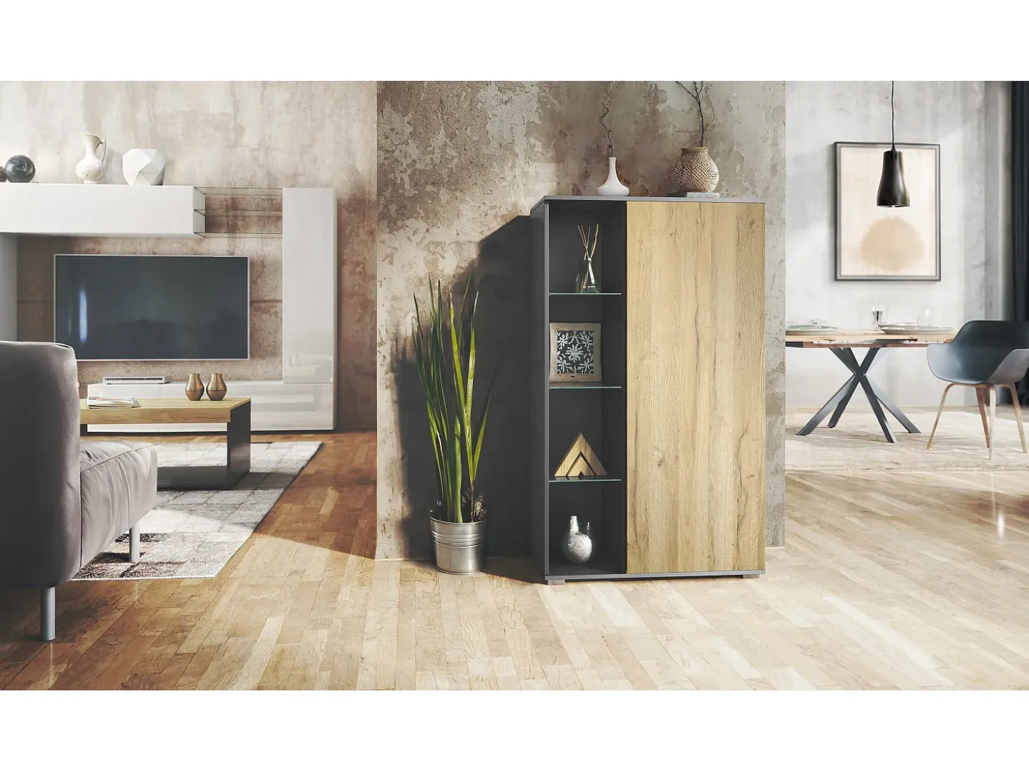 Vitrina Davos, vitrina independiente con 3 estantes de cristal y 8 compartimentos, antracita mate/roble natural (71,5 x 134 x 35 cm)