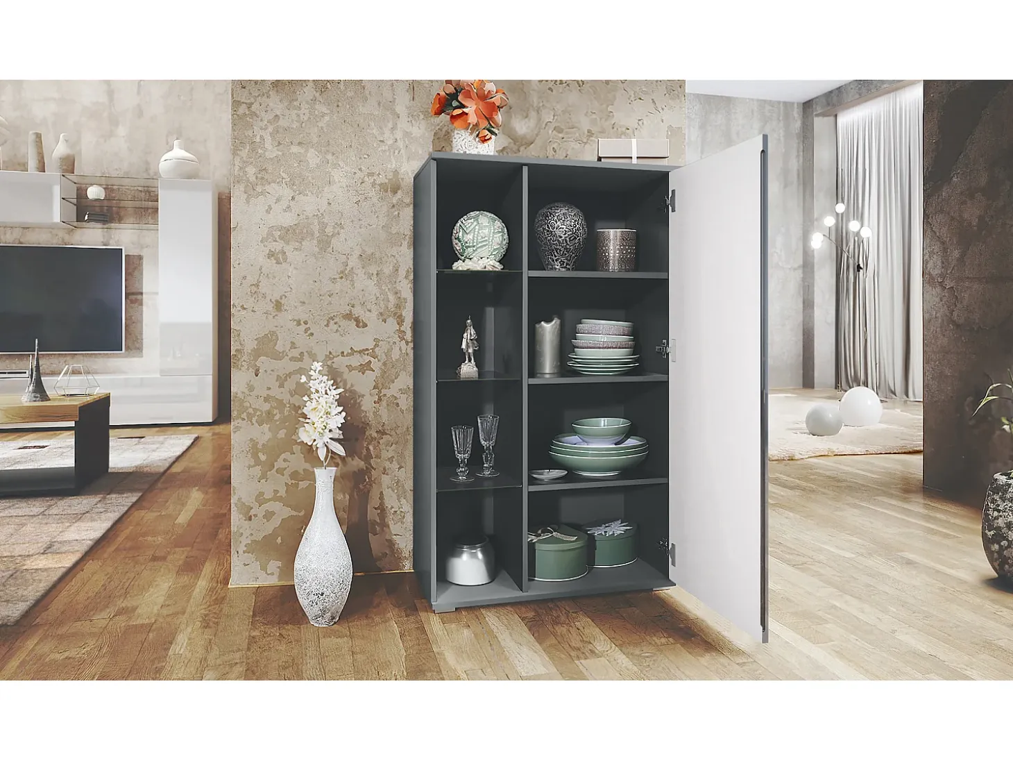Vitrina Davos, vitrina independiente con 3 estantes de cristal y 8 compartimentos, antracita mate/roble natural (71,5 x 134 x 35 cm)