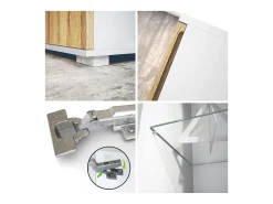 Vitrina Davos, vitrina independiente con 3 estantes de cristal y 8 compartimentos, blanco mate/hormigón oxidado (71,5 x 134 x 35 cm)
