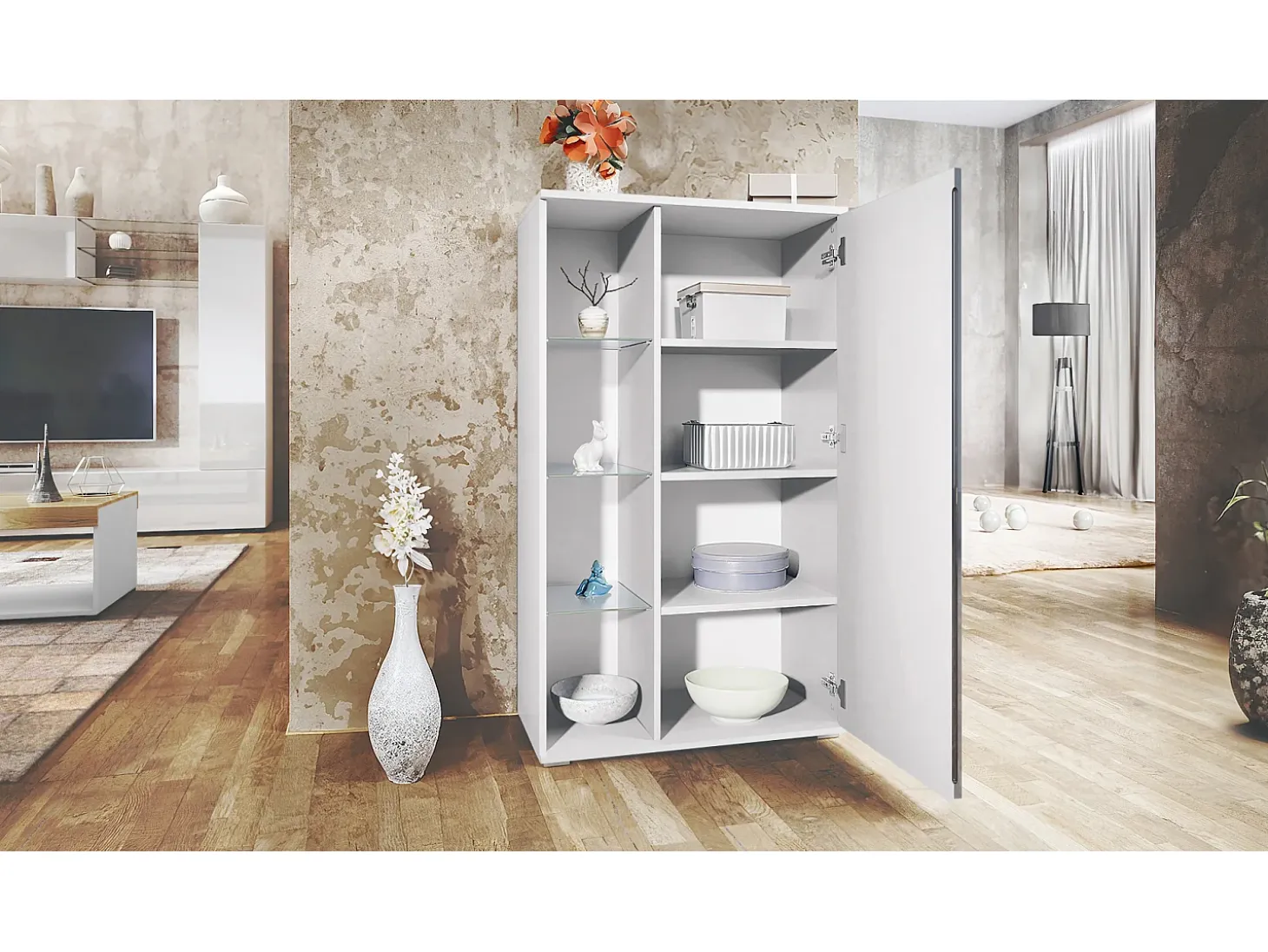 Vitrina Davos, vitrina independiente con 3 estantes de cristal y 8 compartimentos, blanco mate/negro de alto brillo (71,5 x 134 x 35 cm)