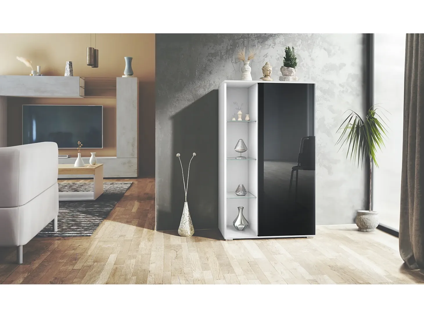 Vitrina Davos, vitrina independiente con 3 estantes de cristal y 8 compartimentos, blanco mate/negro de alto brillo (71,5 x 134 x 35 cm)