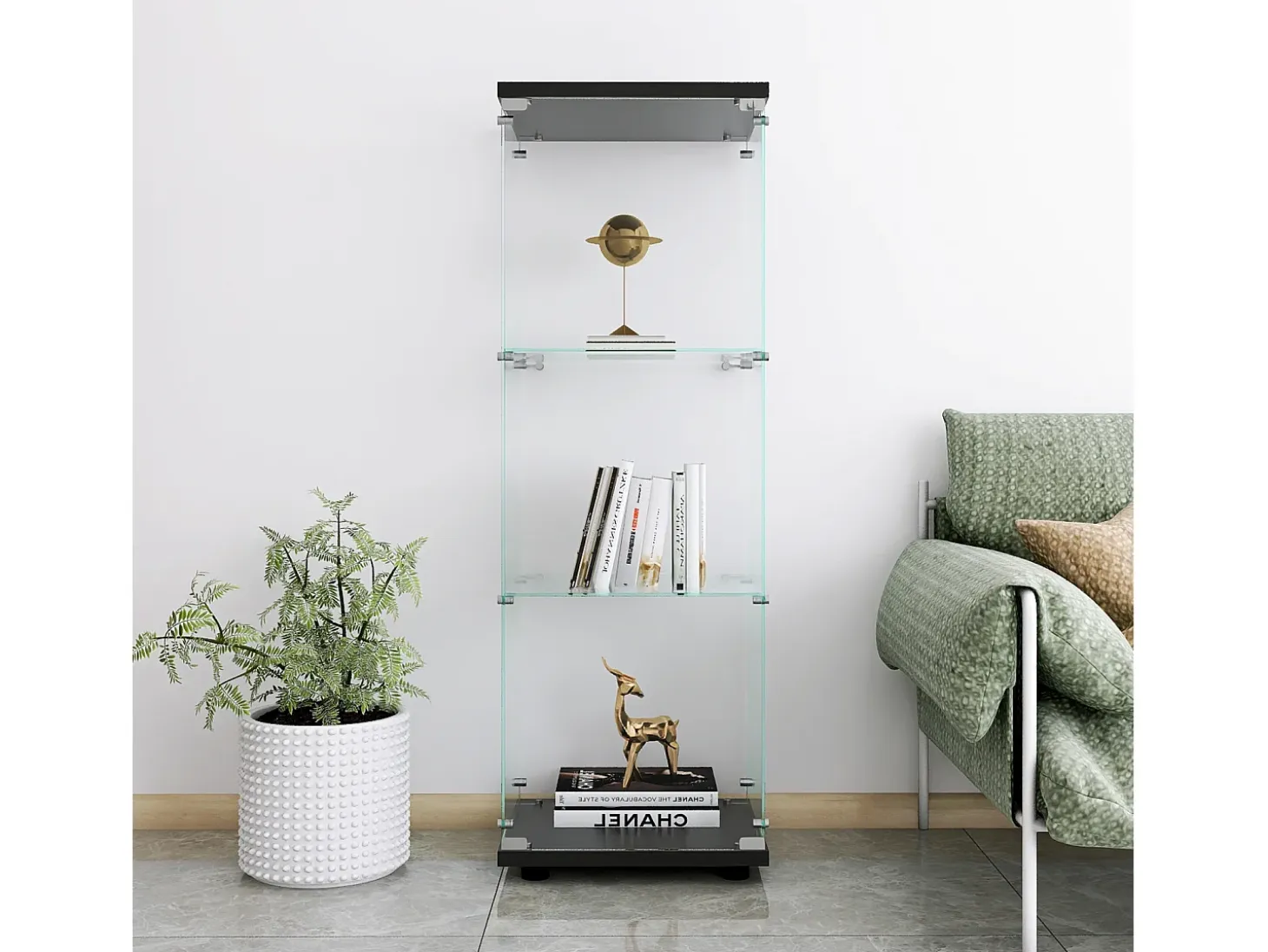 Vitrina de cristal - 3 estantes de cristal - Estantería de suelo para dormitorio - Armario moderno de madera con puertas y cerradura - Negro