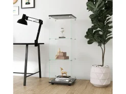 Vitrina de cristal - 3 estantes de cristal - Estantería de suelo para dormitorio - Armario moderno de madera con puertas y cerradura - Negro