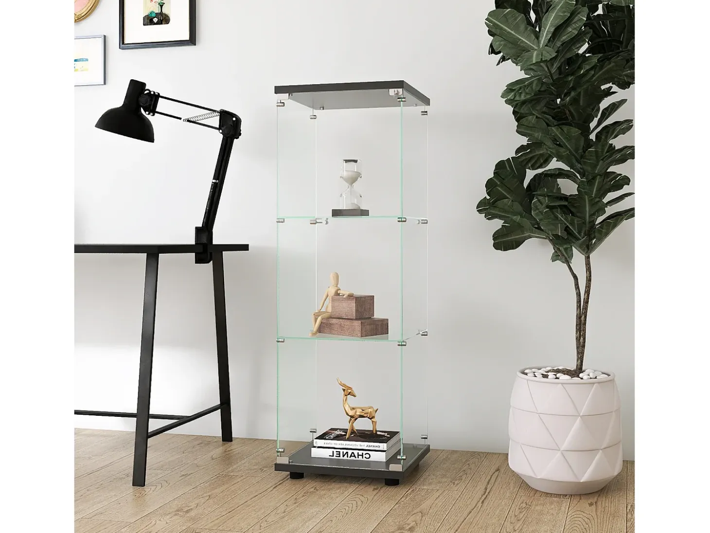 Vitrina de cristal - 3 estantes de cristal - Estantería de suelo para dormitorio - Armario moderno de madera con puertas y cerradura - Negro