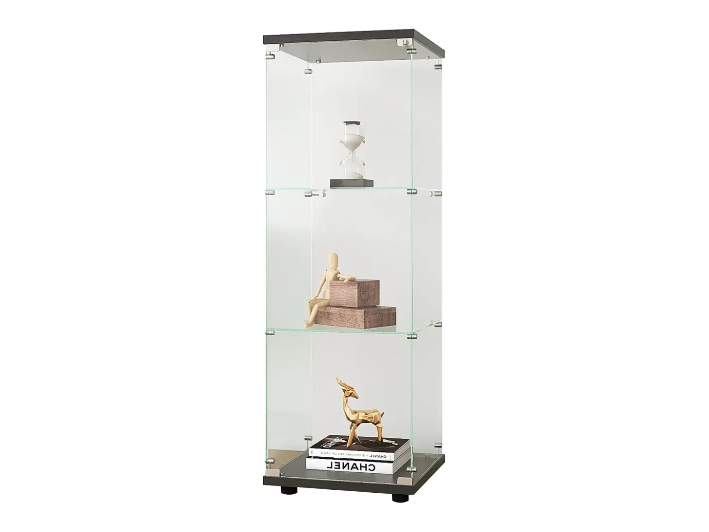 Vitrina de cristal - 3 estantes de cristal - Estantería de suelo para dormitorio - Armario moderno de madera con puertas y cerradura - Negro