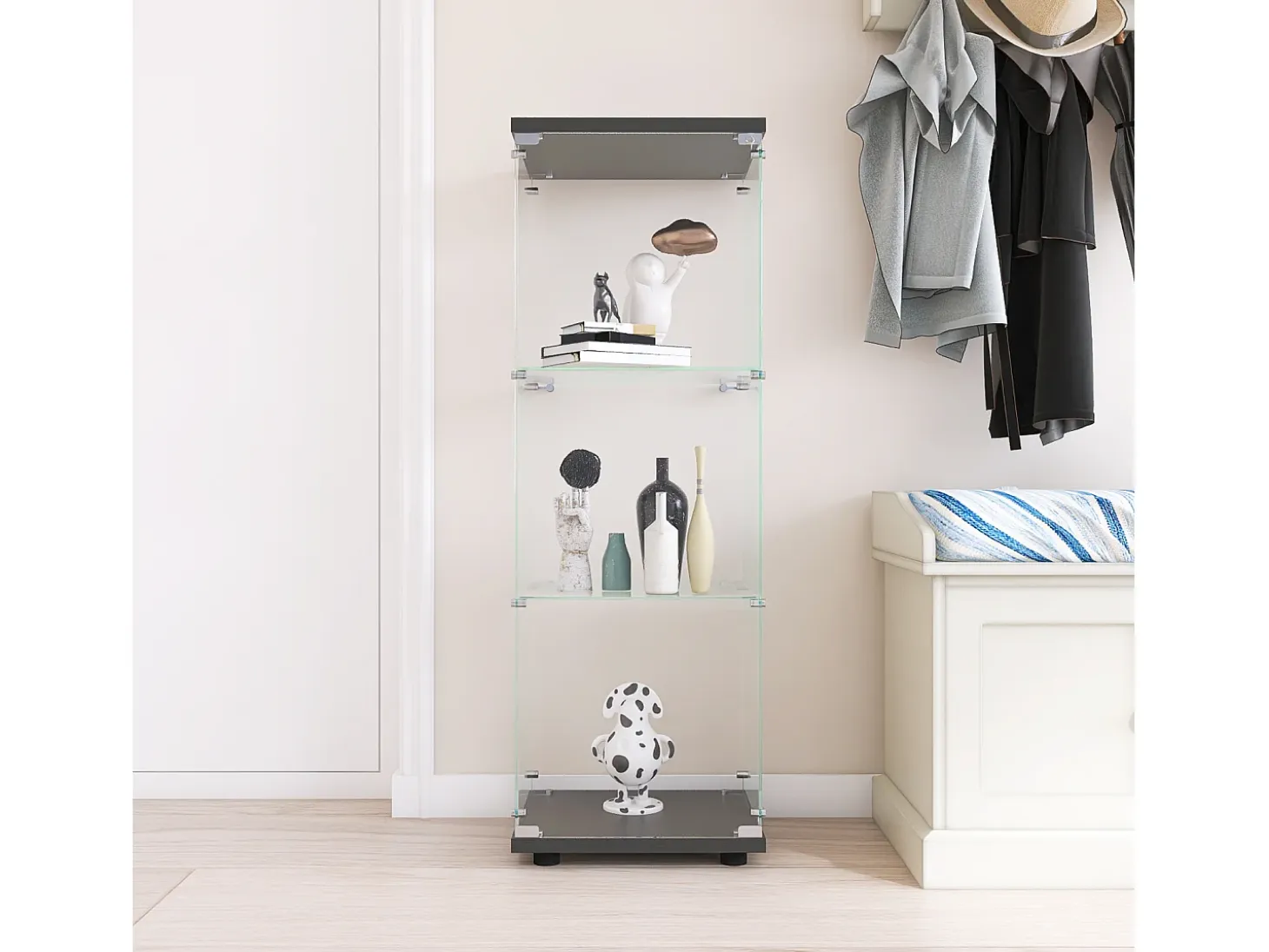 Vitrina de cristal - 3 estantes de cristal - Estantería de suelo para dormitorio - Armario moderno de madera con puertas y cerradura - Negro