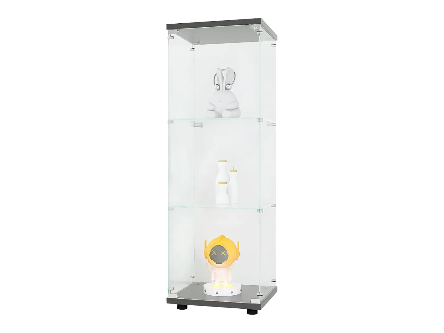 Vitrina de cristal - 3 estantes de cristal - Estantería de suelo para dormitorio - Armario moderno de madera con puertas y cerradura - Negro