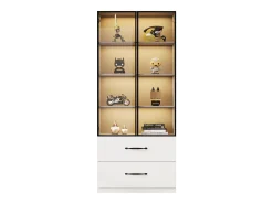 Vitrina de cristal - 60 x 40 x 160 cm - con LEDs + 3 cajones + puertas de cristal templado - aglomerado - blanco