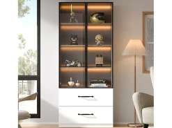 Vitrina de cristal - 60 x 40 x 160 cm - con LEDs + 3 cajones + puertas de cristal templado - aglomerado - blanco