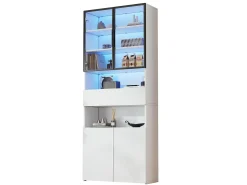 Vitrina de cristal - 70 x 30 x 200 cm - con 1 cajón + 2 puertas de cristal + LED - aglomerado - blanco