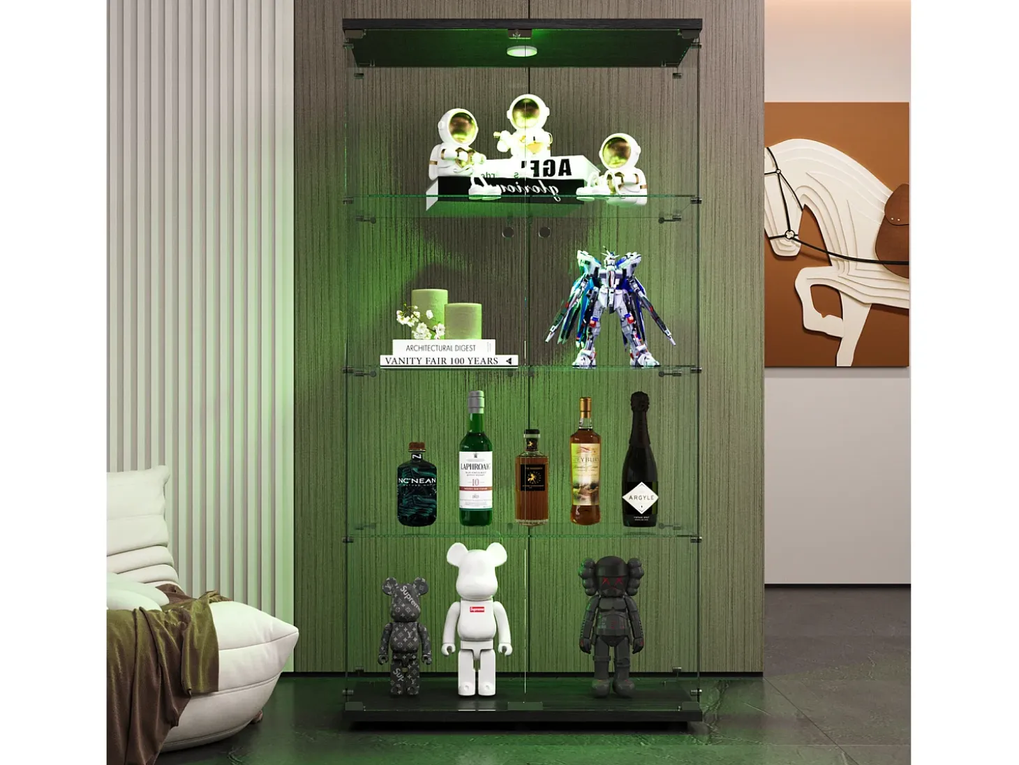 Vitrina de cristal - Vitrina de colección con puertas - Iluminación LED - 2 puertas, 4 estantes - 80,5×36,5×164 cm - Negro