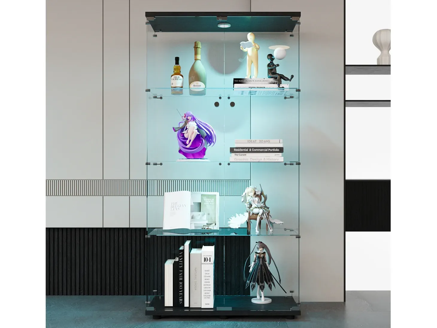 Vitrina de cristal - Vitrina de colección con puertas - Iluminación LED - 2 puertas, 4 estantes - 80,5×36,5×164 cm - Negro