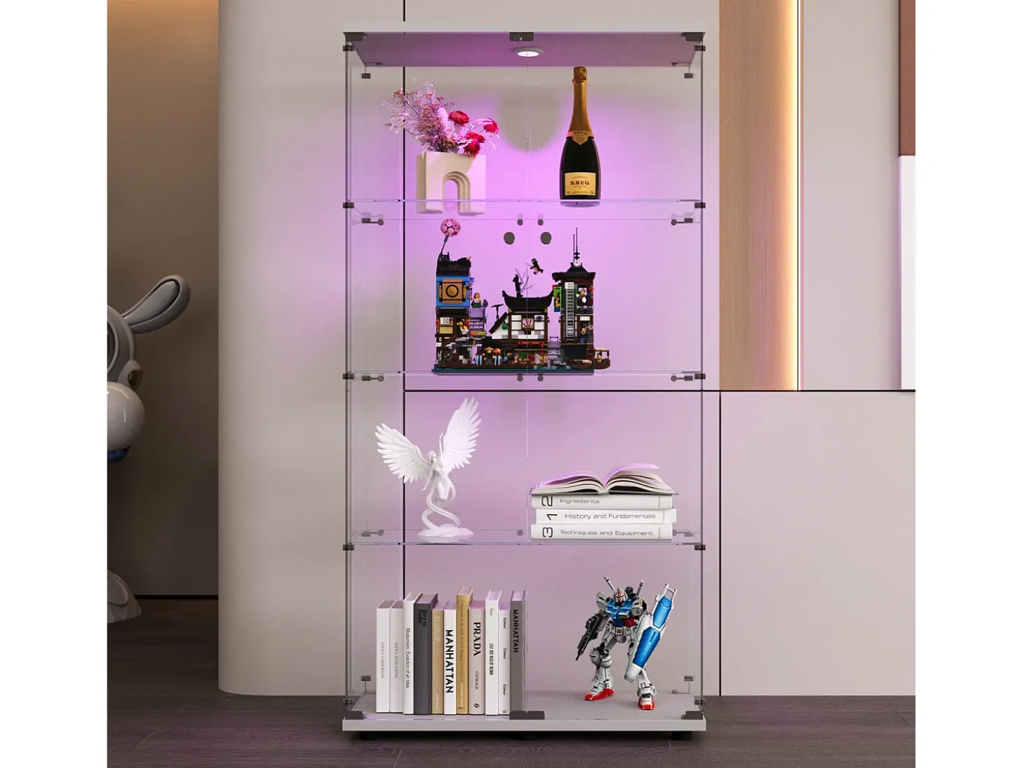 Vitrina de cristal - Vitrina de colección con puertas - Iluminación LED - 2 puertas, 4 estantes - 80,5×36,5×164 cm - Blanco