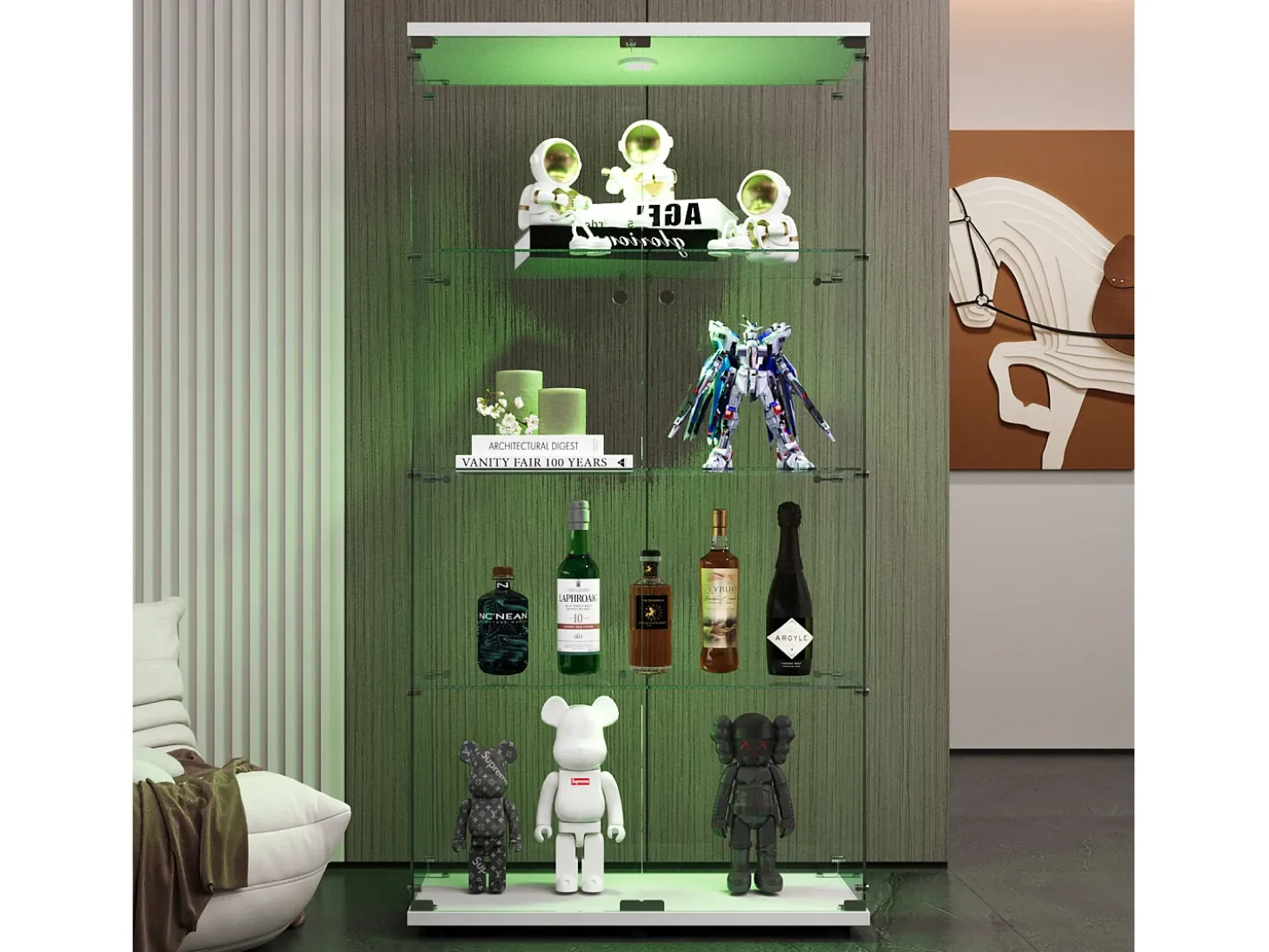 Vitrina de cristal - Vitrina de colección con puertas - Iluminación LED - 2 puertas, 4 estantes - 80,5×36,5×164 cm - Blanco