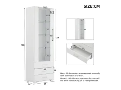 Vitrina de cristal brillante - 60 x 180 x 35 cm - con LED - Vitrina vertical con 3 cajones - MDF - Blanco