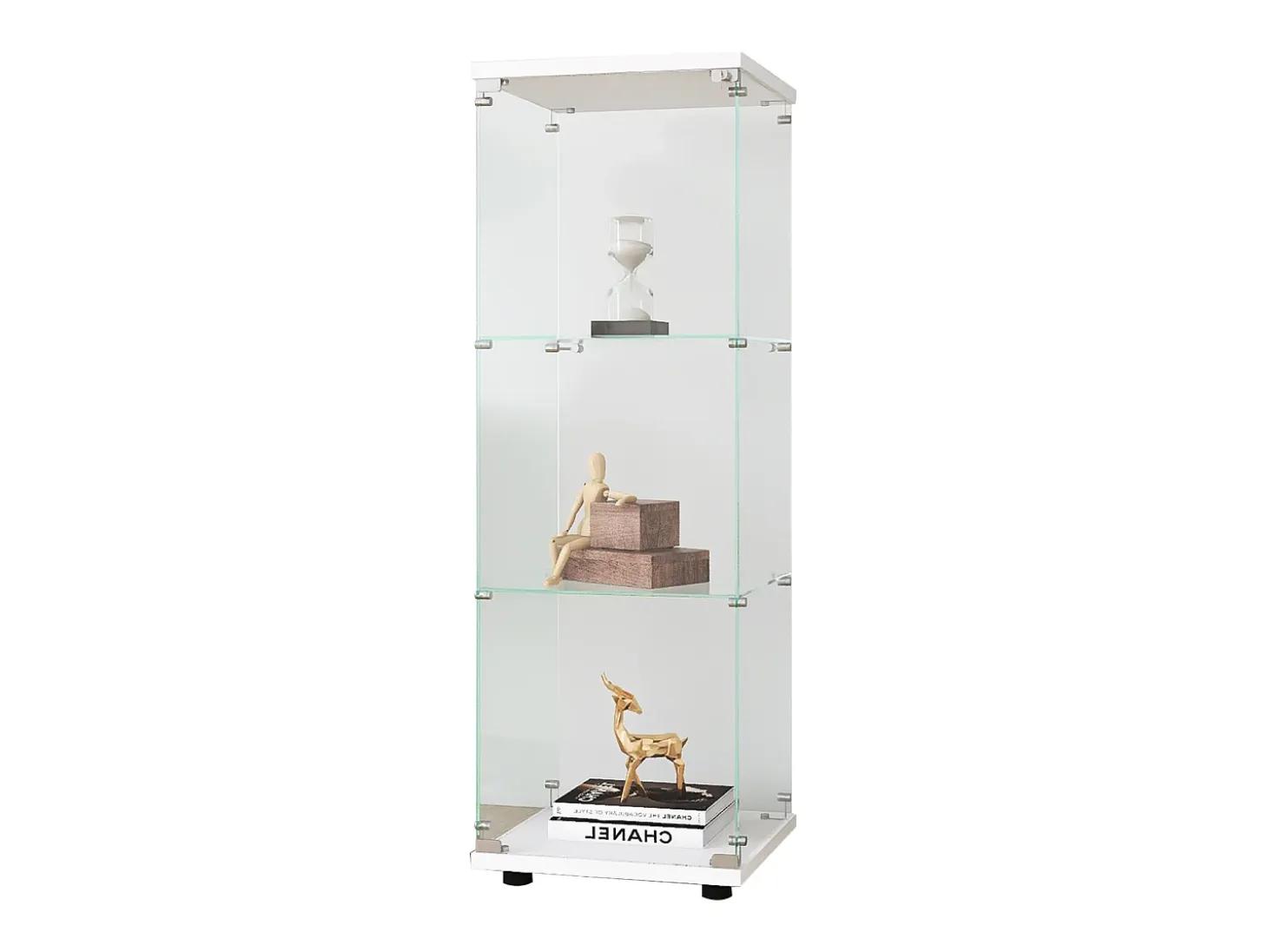 Vitrina de cristal con 3 estantes de cristal, puertas y cerradura, color blanco