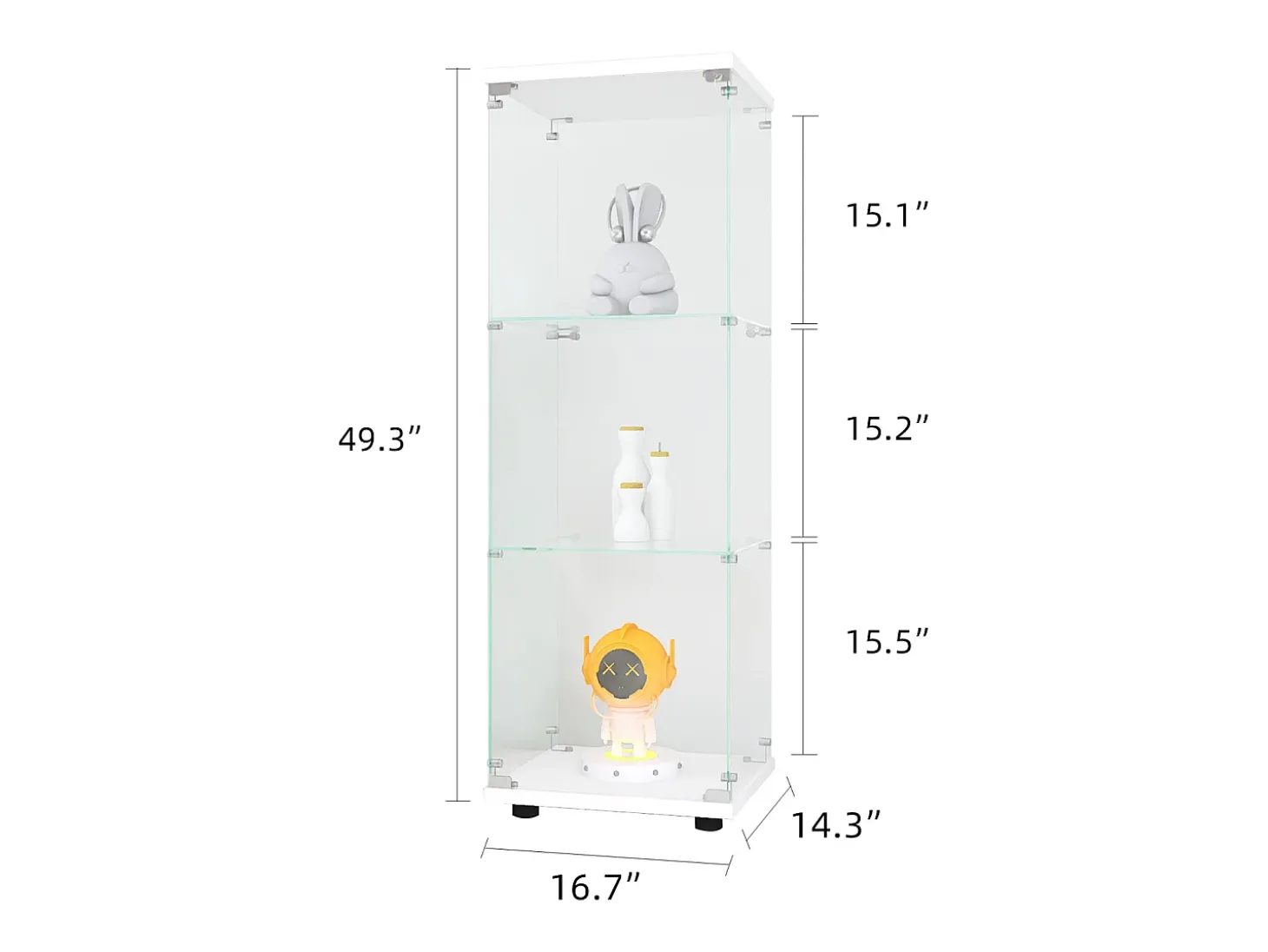 Vitrina de cristal con 3 estantes de cristal, puertas y cerradura, color blanco