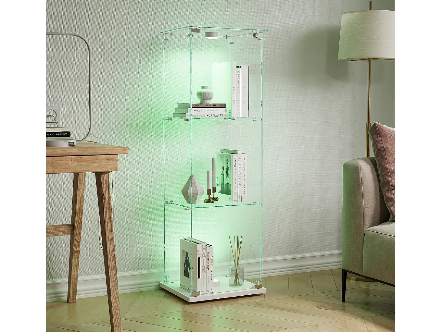 Vitrina de cristal con 3 estantes e iluminación táctil - 123,3 x 39,8 x 35 cm - Vitrina estrecha - blanca