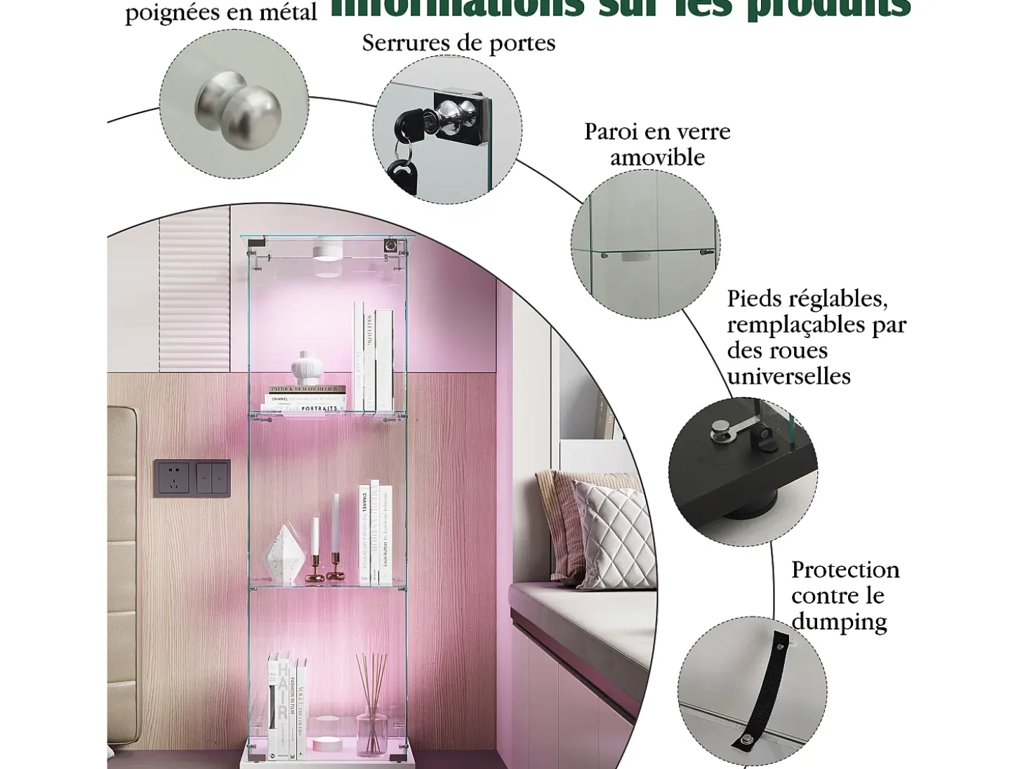 Vitrina de cristal con 3 estantes e iluminación táctil - 123,3 x 39,8 x 35 cm - Vitrina estrecha - blanca