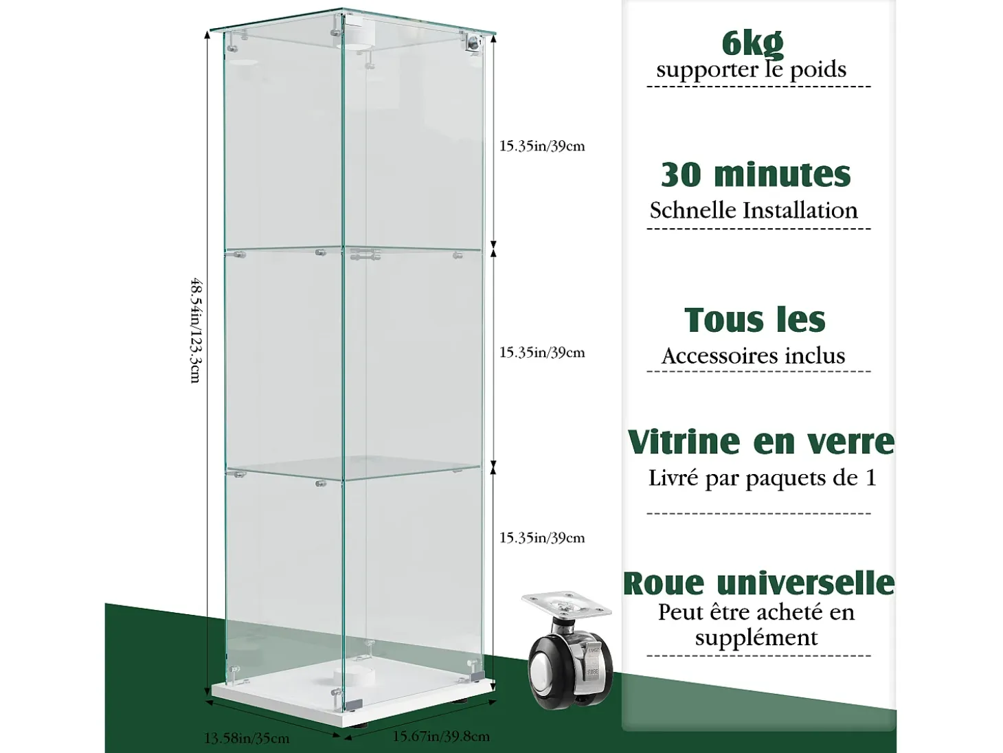 Vitrina de cristal con 3 estantes e iluminación táctil - 123,3 x 39,8 x 35 cm - Vitrina estrecha - blanca