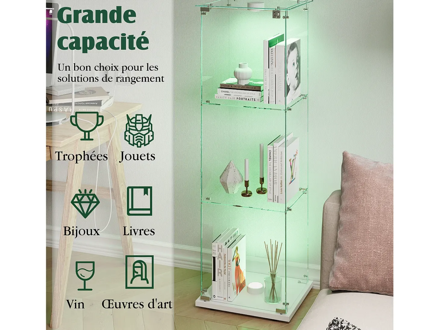 Vitrina de cristal con 3 estantes e iluminación táctil - 123,3 x 39,8 x 35 cm - Vitrina estrecha - blanca