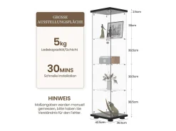 Vitrina de cristal con 4 estantes y 1 puerta, 164x42x36 cm, mueble de colección, color negro, transparente