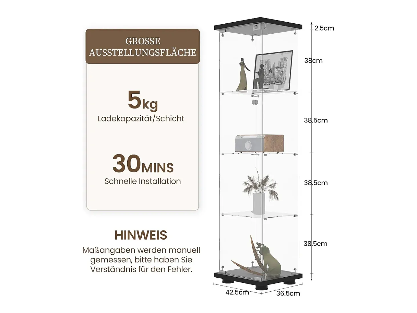 Vitrina de cristal con 4 estantes y 1 puerta, 164x42x36 cm, mueble de colección, color negro, transparente