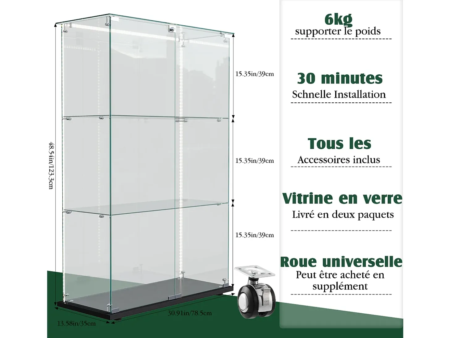 Vitrina de cristal con 4 estantes y puerta doble, vitrina para sala de estar