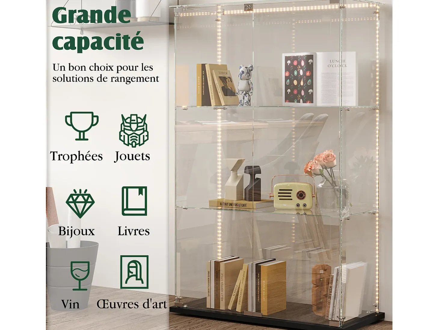 Vitrina de cristal con 4 estantes y puerta doble, vitrina para sala de estar