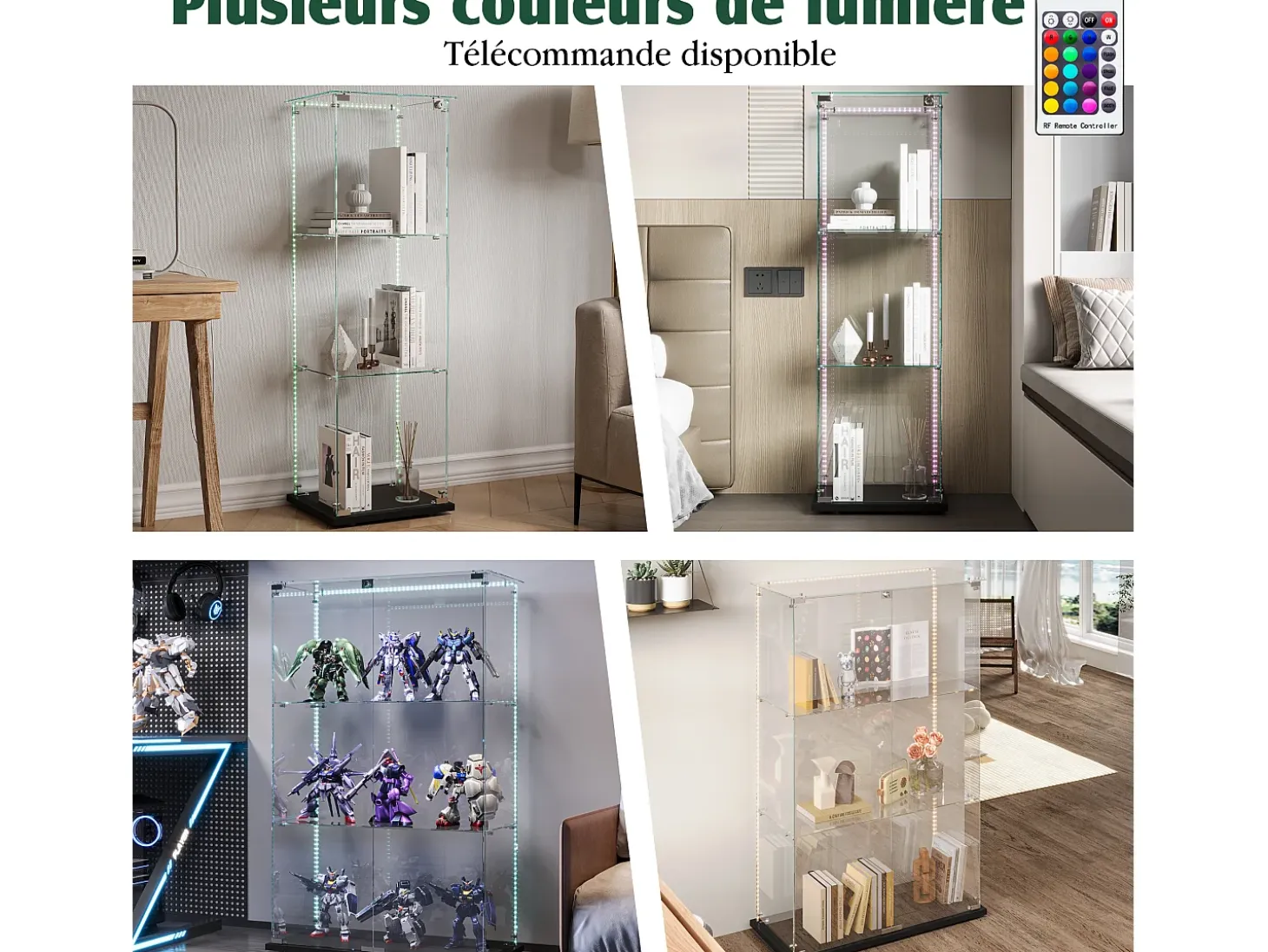 Vitrina de cristal con 4 estantes y puerta doble, vitrina para sala de estar