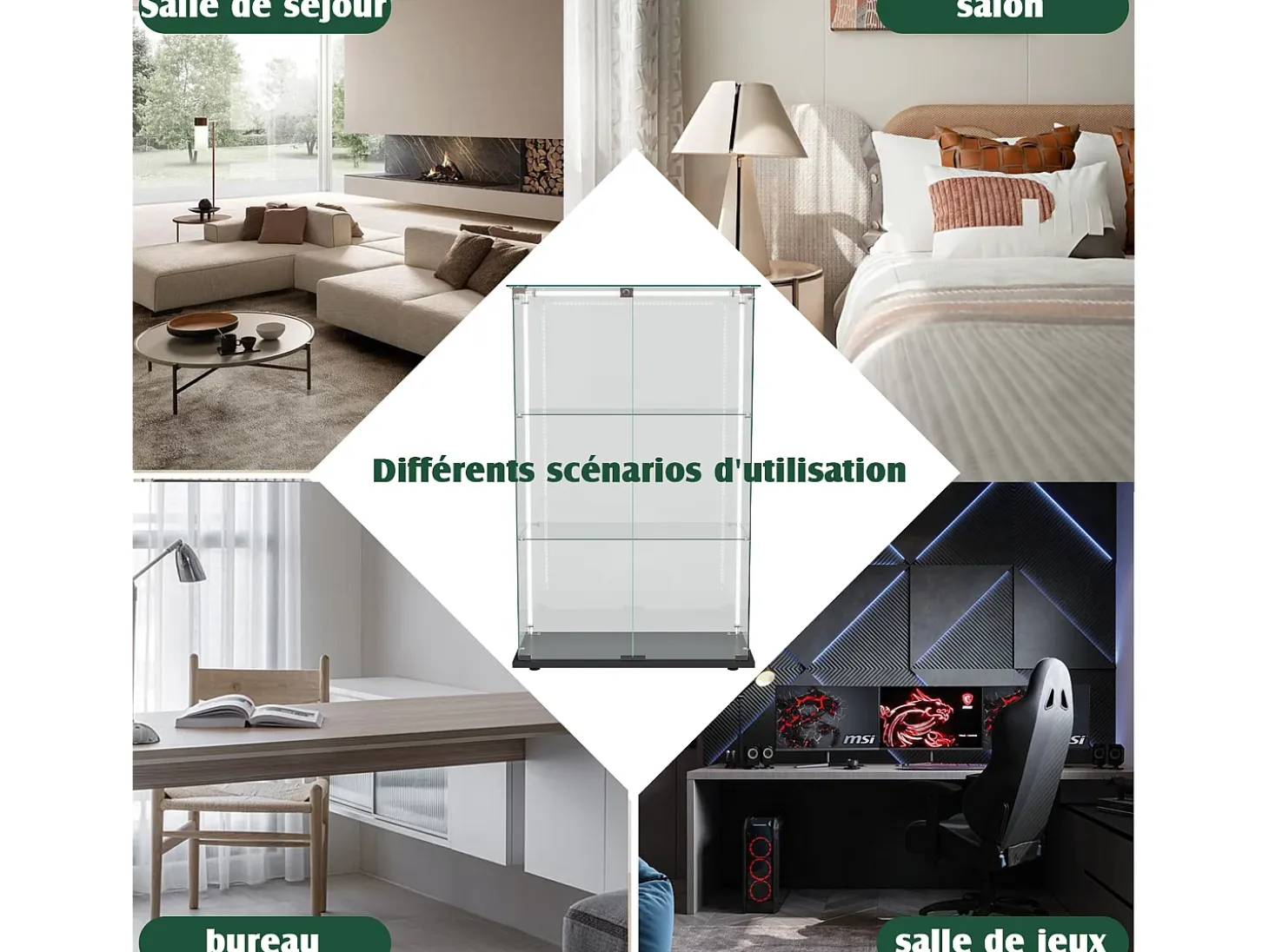 Vitrina de cristal con 4 estantes y puerta doble, vitrina para sala de estar